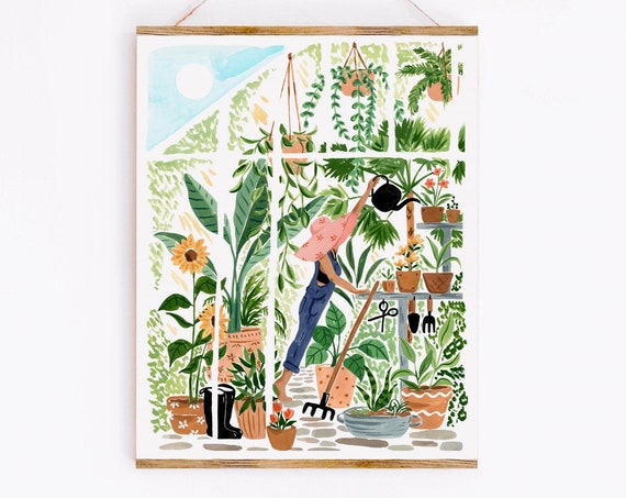 Greenhouse Garden Art Print, Botanical Watercolor