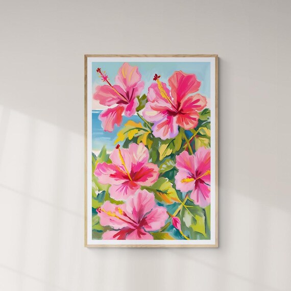 Pink Hibiscus Blooms Ocean Backdrop Tropical Coastal Floral Wall Art Poster