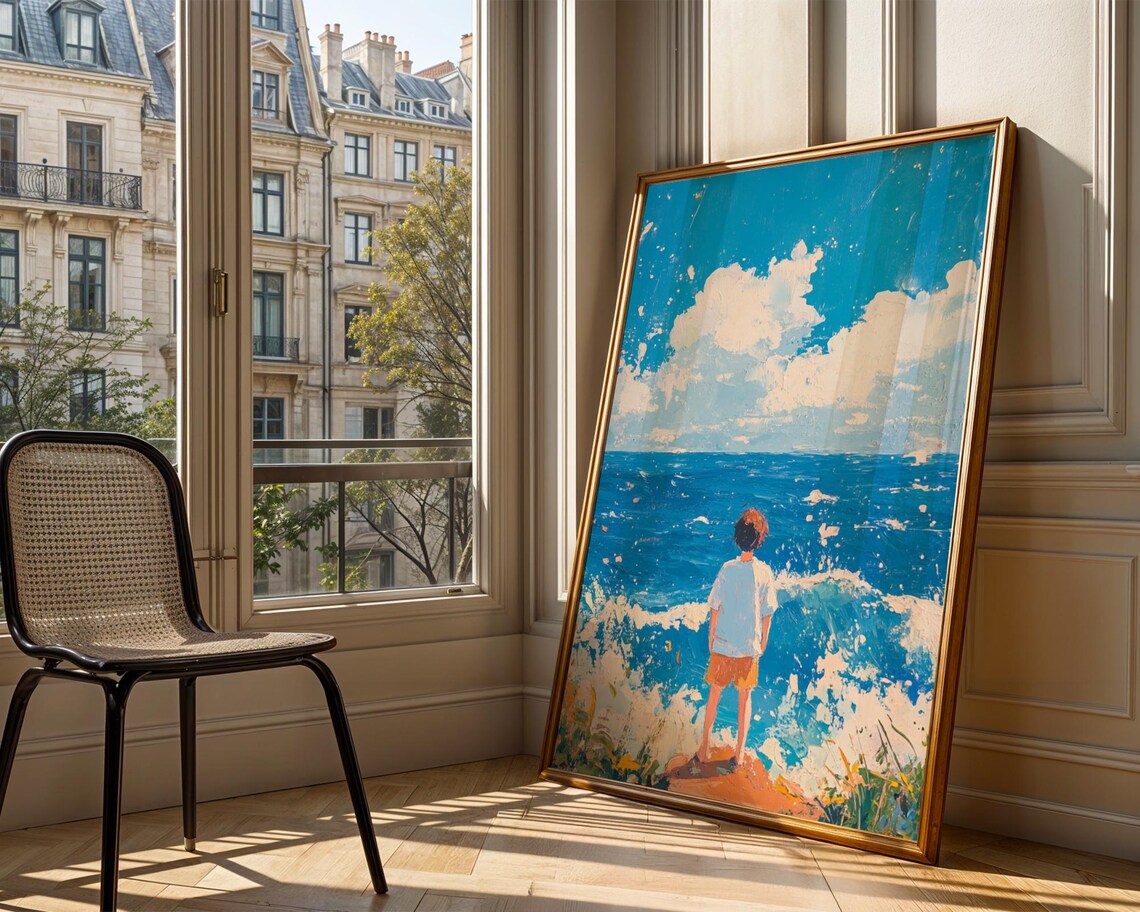 Young Boy Watching Ocean Waves Impressionist Coastal Seascape Art Poster - Image 2