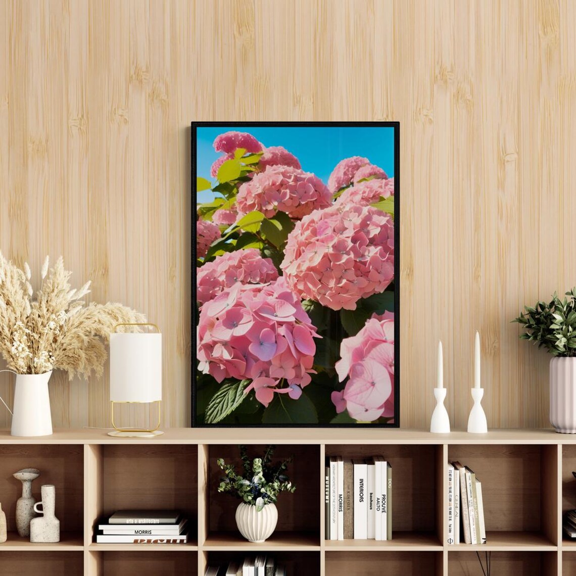 Pink Hydrangea Blooms Against Blue Sky Summer Floral Art Poster - Image 3