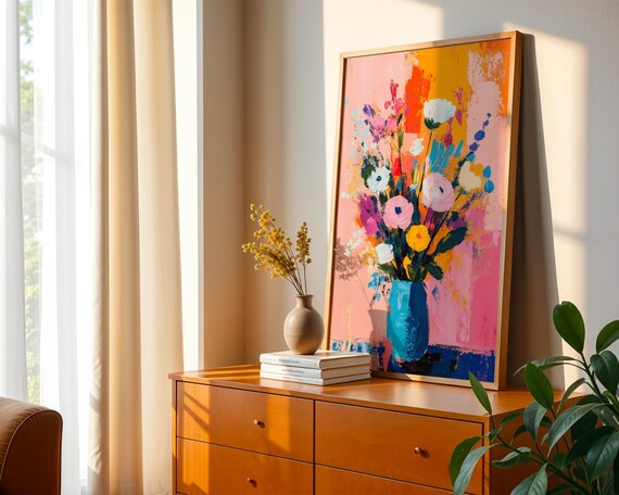 Colorful Bouquet Blue Vase Abstract Matisse Style Floral Art Poster