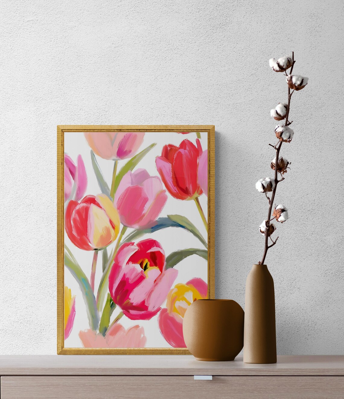 Pink Red Yellow Tulips White Background Bold Floral Painting Wall Art Poster - Image 3