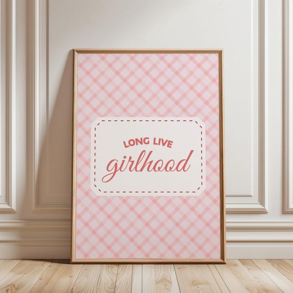 Girlhood Vintage Wall Art Pink Gingham Pattern Print For Girls Room Decor Nursery Poster Playroom