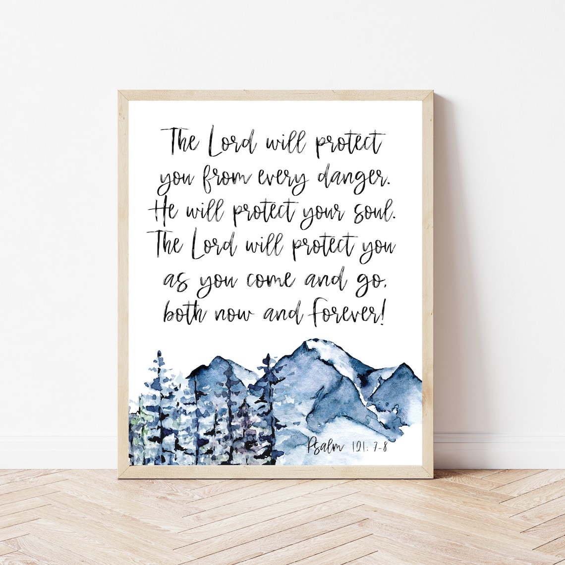 Psalm 121 The Lord Will Protect You Blue Watercolor Mountains Art Poster