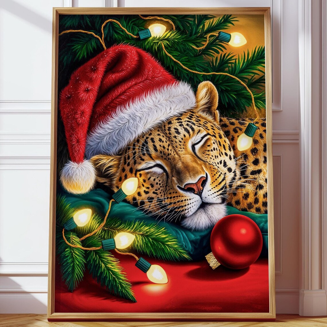 Sleeping Leopard With Santa Hat, Christmas Art Print