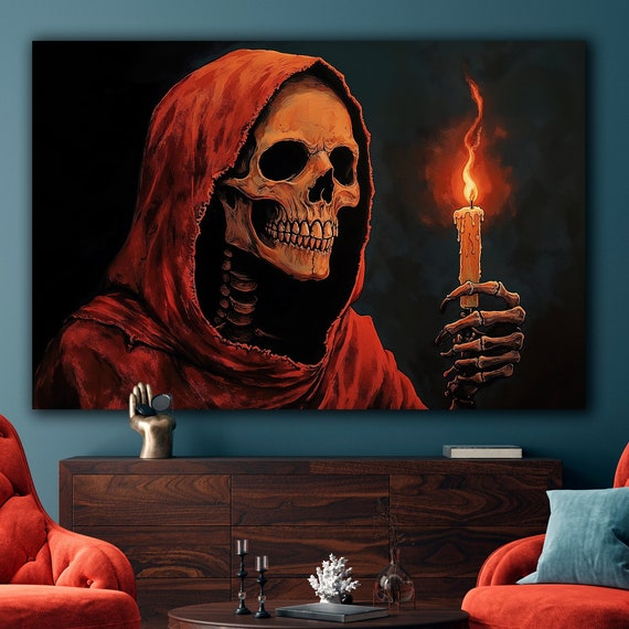 Skeleton Holding Candle Canvas Wall Art Gothic Halloween Decor Creepy Red Grim Reaper Painting Print Dark Academia Poster Gift Ready To Hang