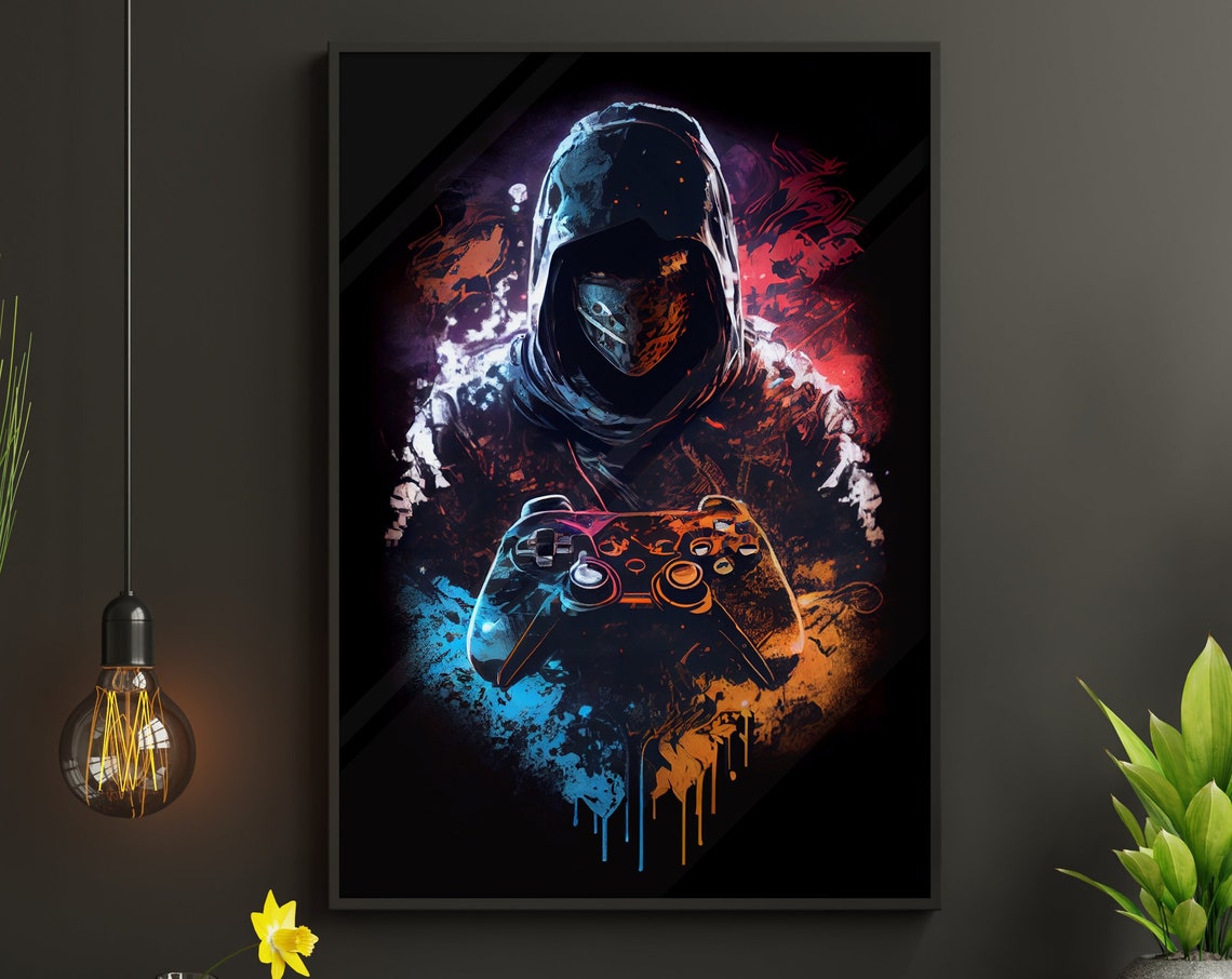 Hooded Gamer Holding Game Controller Neon Splash Gaming Room Poster