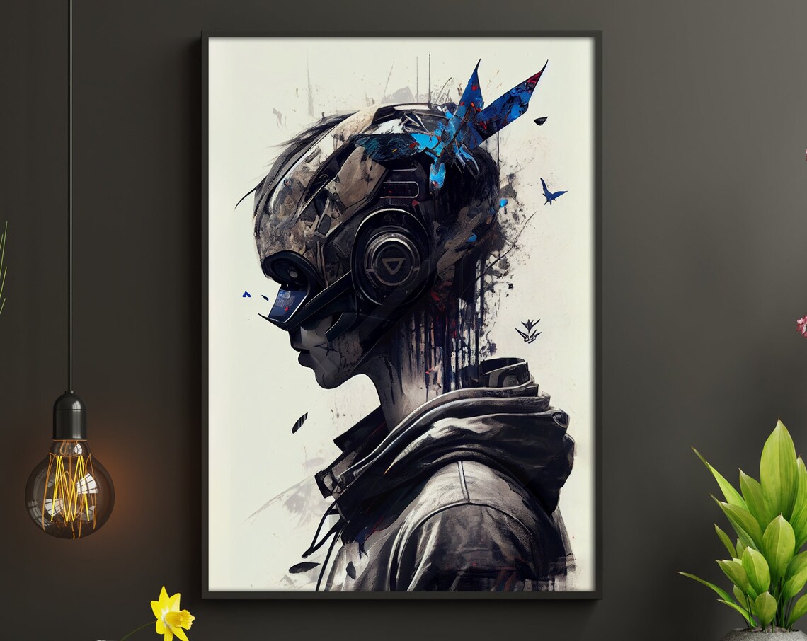 Cyberpunk Gamer Girl With Headset And Blue Butterfly Watercolor Poster