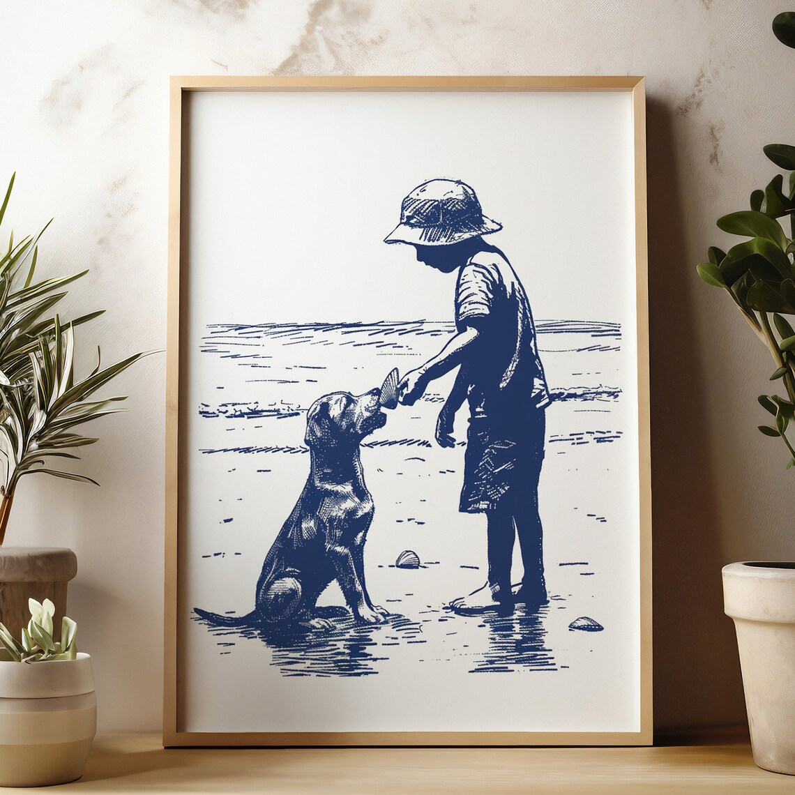Dog Finds Shell On Beach Coastal Nursery Art Print