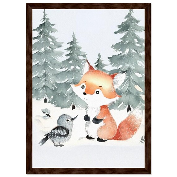 Cute Winter Fox Cub With Bird Snowy Forest Watercolor Art Poster