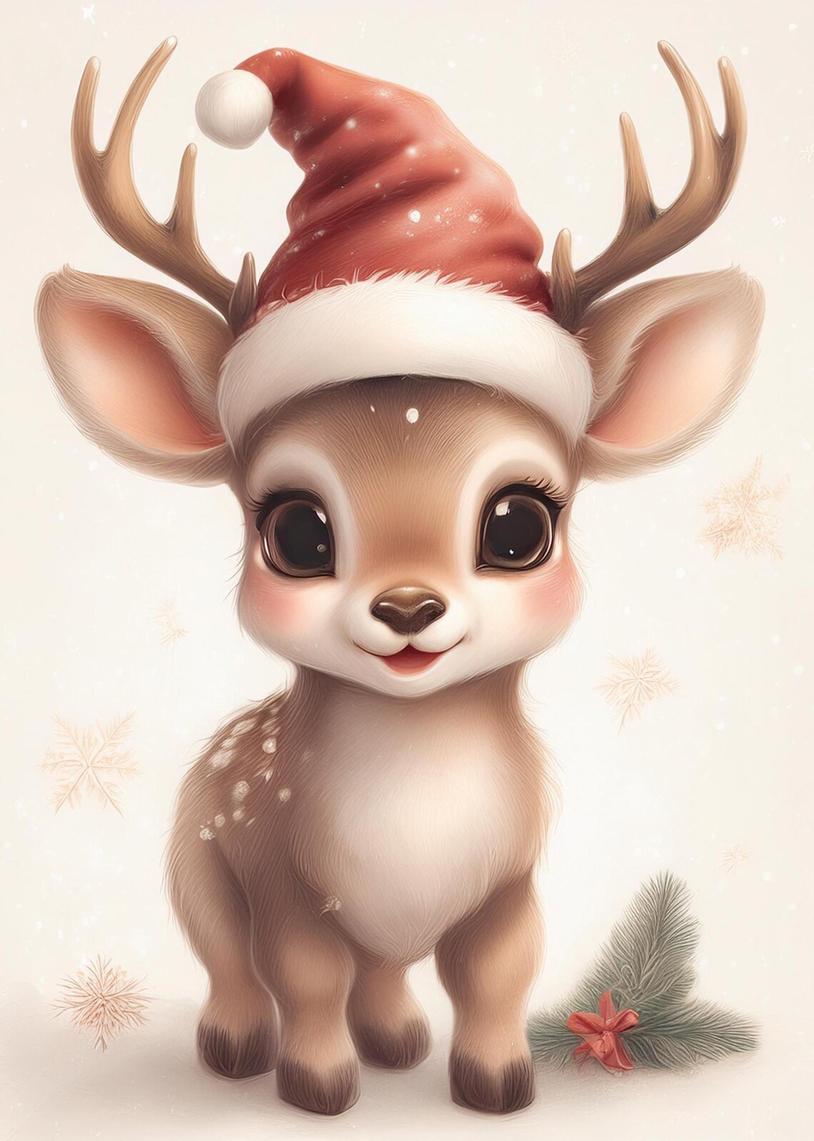 Sweet Baby Reindeer with Santa Hat Festive Holiday Wall Poster