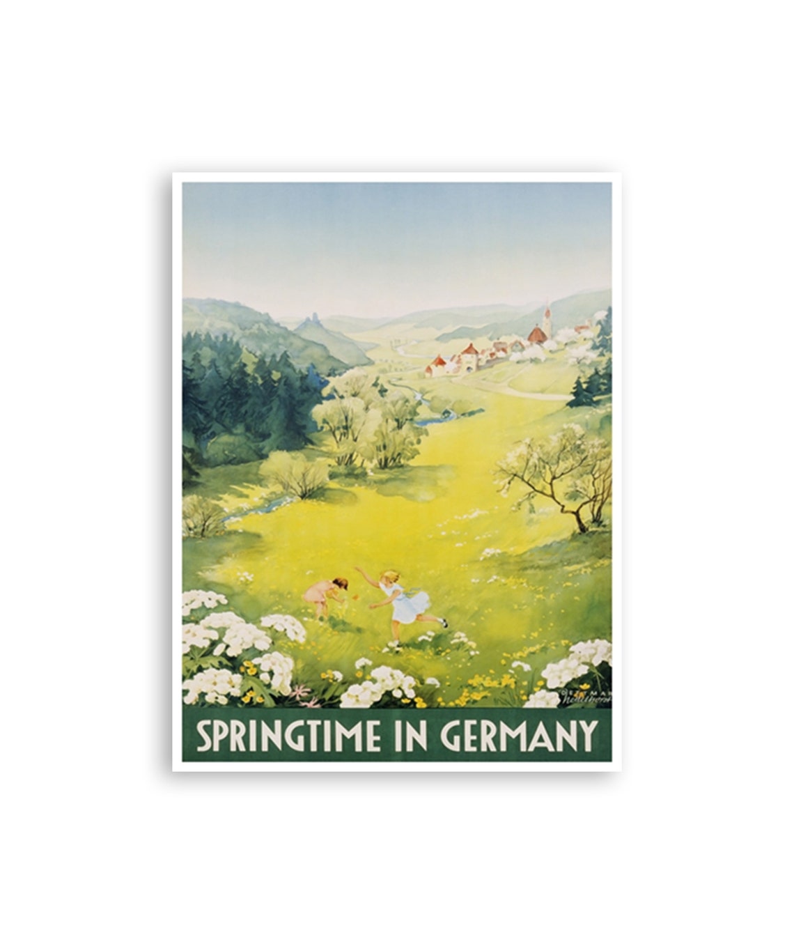 Springtime in Germany Flower Meadow Children Vintage Travel Poster