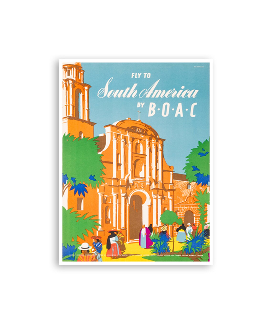 South America Vintage Fly BOAC Colonial Cathedral Plaza Travel Poster