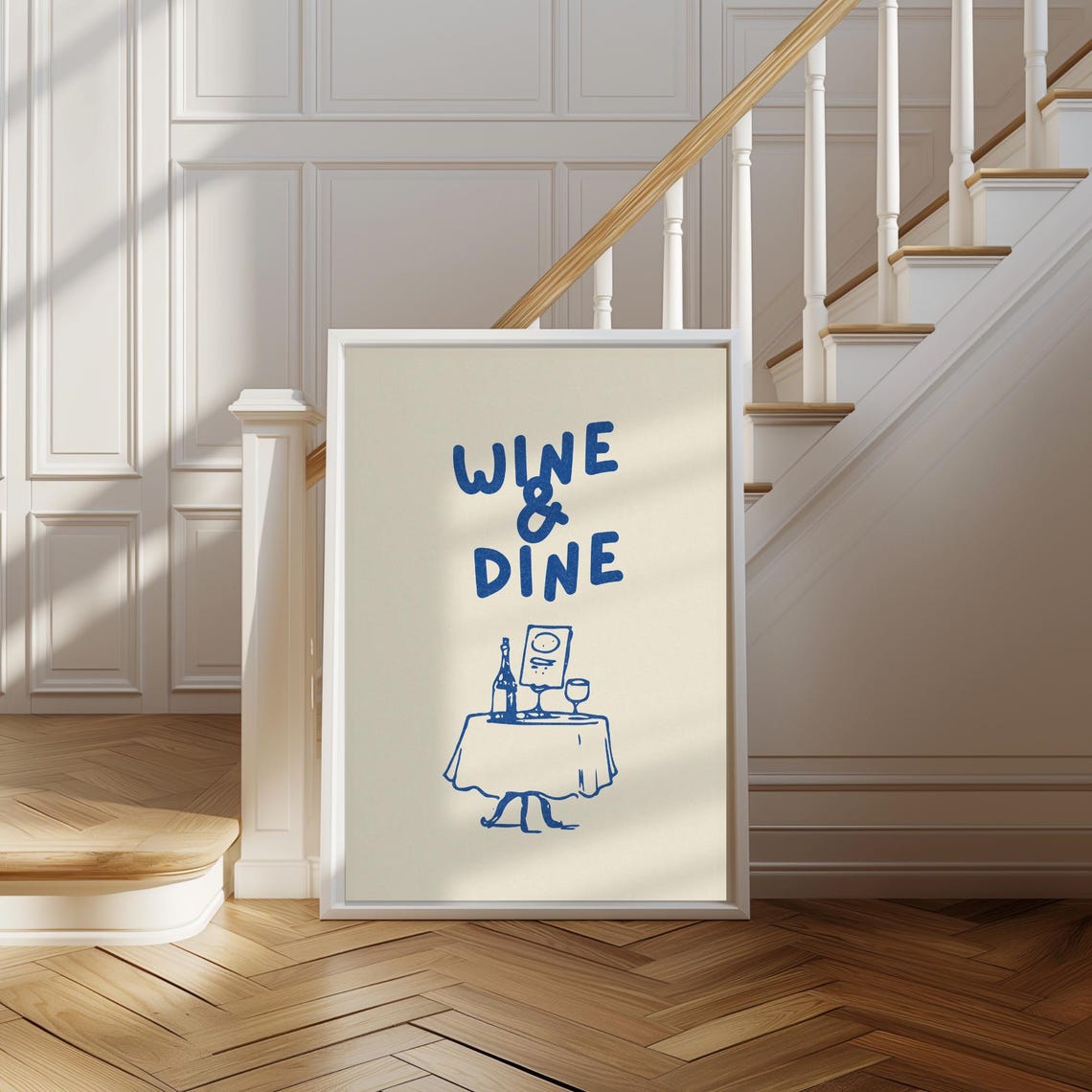 Wine and Dine Navy Kitchen Blue Table Sketch Quote Art Poster - Image 4