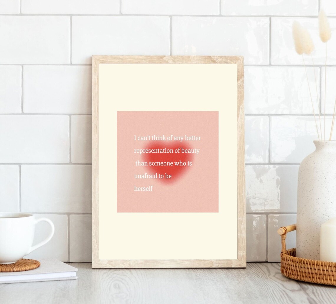 Beauty Quote Red Heart Blurred Aura Self Love Affirmation Poster Pink