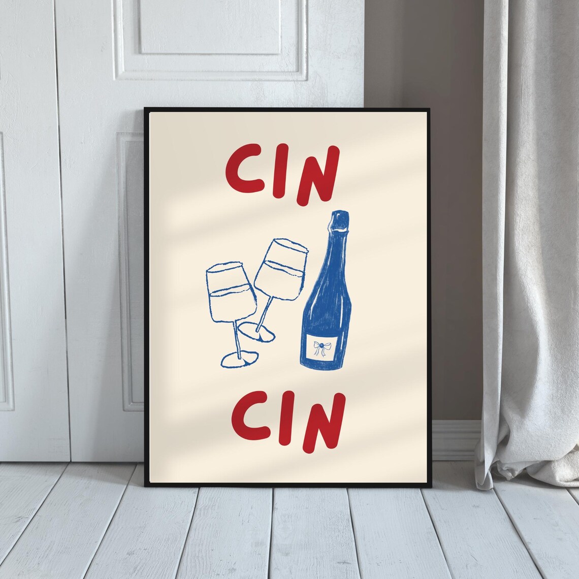 Cin Cin Cheers Blue Wine Bottle Fun Glasses Bar Cart Art Poster - Image 3