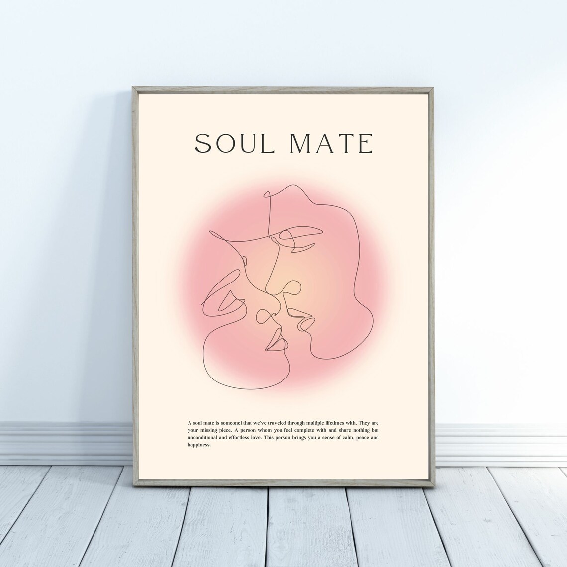 Soul Mate Minimalist Line Art Kiss Pink Aura Romantic Quote Poster