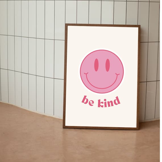 Cute Be Kind Pink Smiley Face Retro Motivational Quote Poster