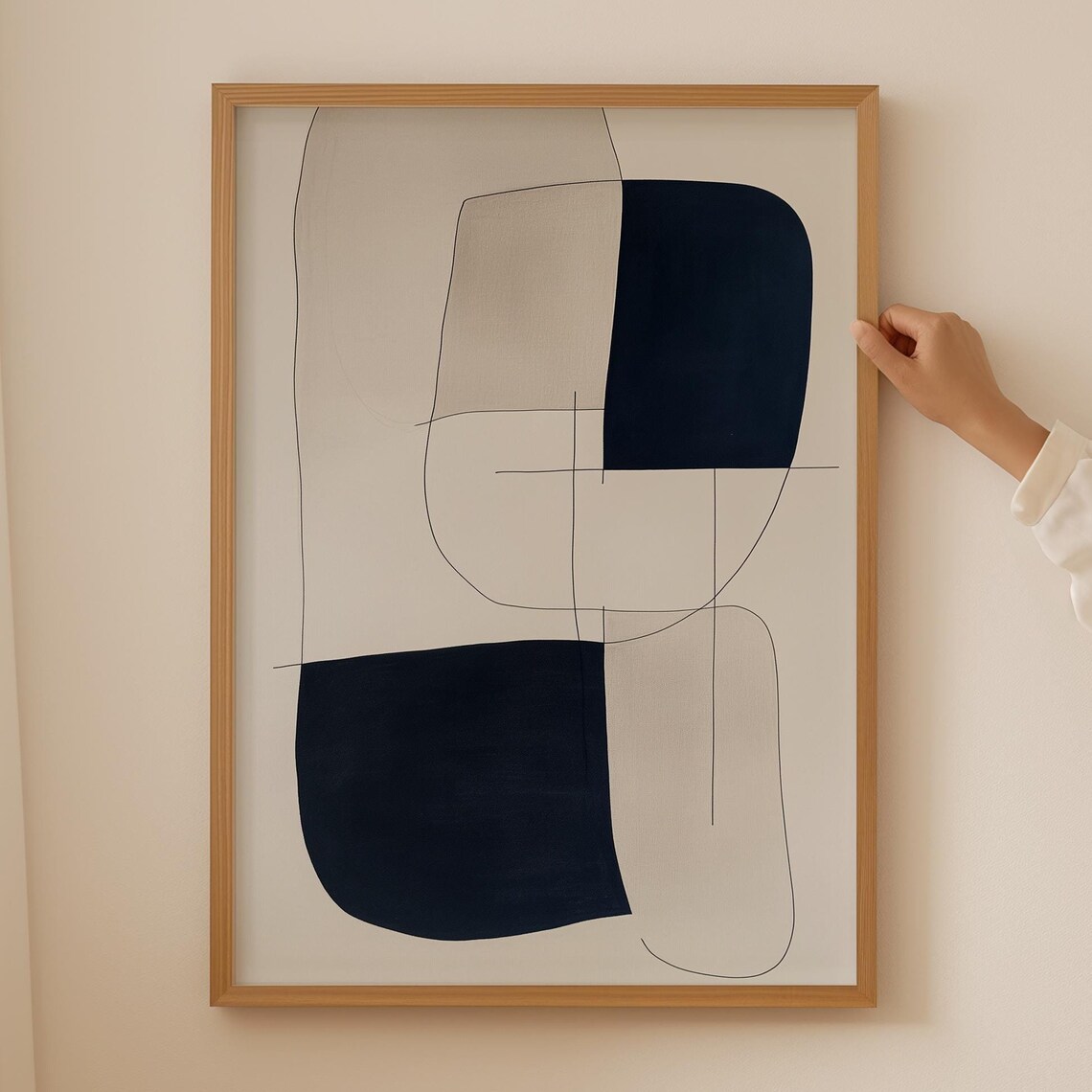 Cream Beige Black Line Art Abstract Organic Shape Minimal Poster