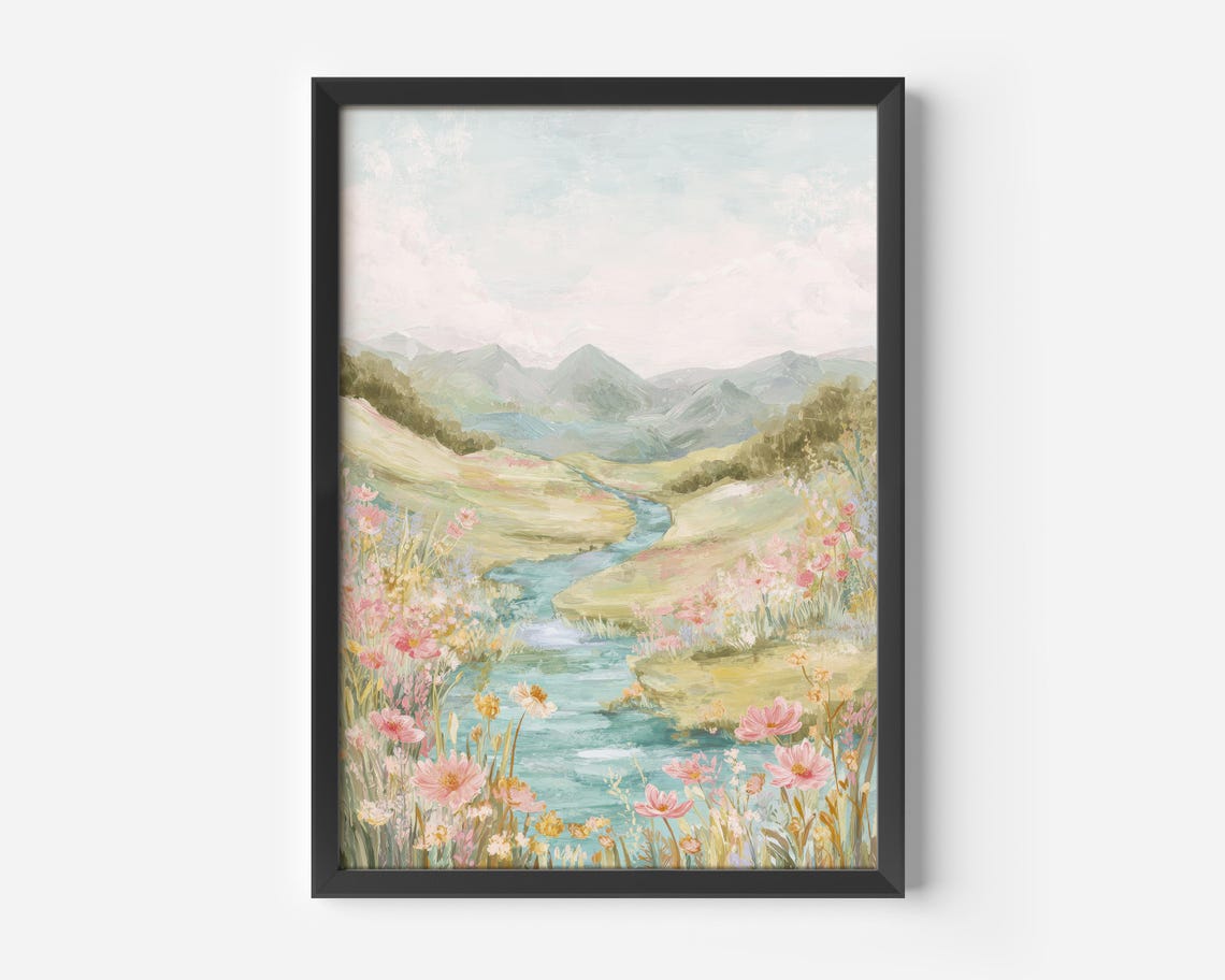 Pastel Wildflower River Valley Soft Mountain Meadow Landscape Poster