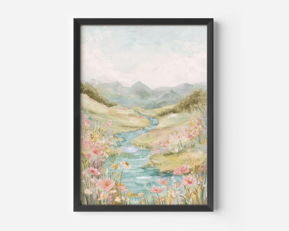 Landscape Picture Living Room Romantic Nature Poster Wall Decoration Pastel Mountain River Flowers Illustration Vintage Art Boho Pictures