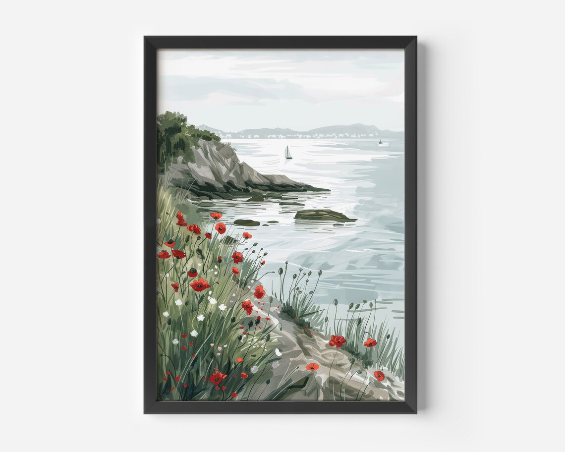 Sea View Flower Meadow Coastal Landscape Art Print