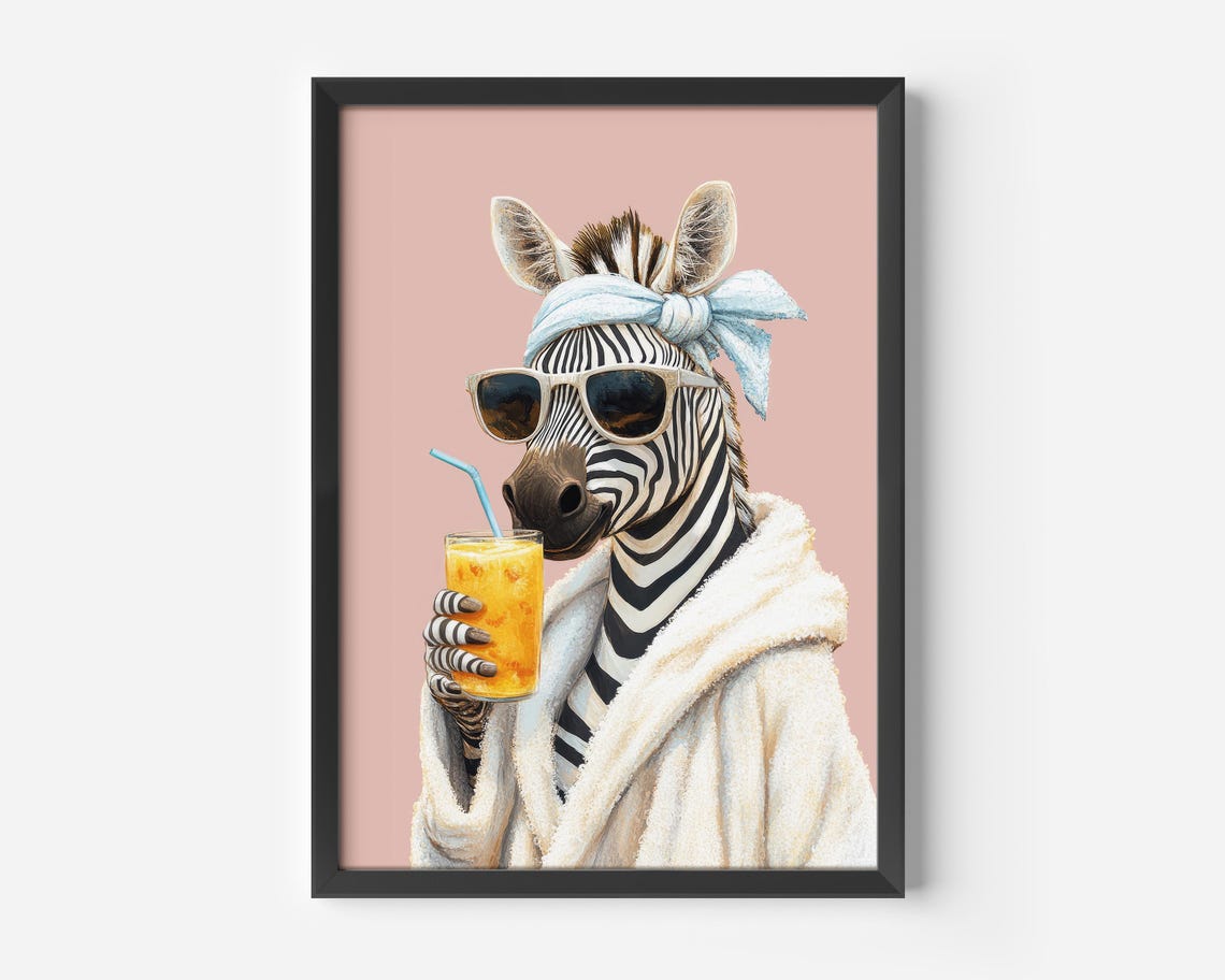 Zebra in Sunglasses Drinking Orange Juice Fun Pink Animal Poster