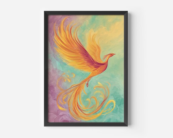 Phoenix Rising Fiery Bird Pastel Fantasy Watercolor Mythical Art Poster