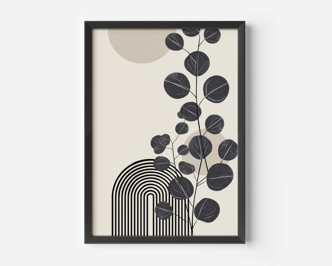 Living Room Boho Wall Art Monochrome Plant Motif Poster Geometric Print Scandinavian Decor Abstract Eucalyptus Illustration