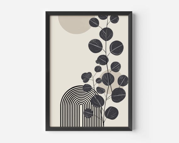 Living Room Boho Wall Art Monochrome Plant Motif Poster Geometric Print Scandinavian Decor Abstract Eucalyptus Illustration