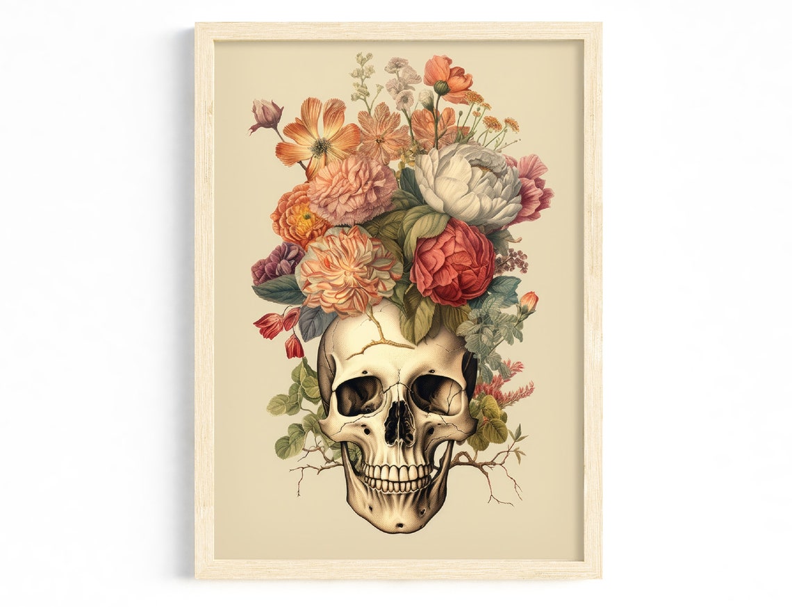 Elegant Vintage Skull Crowned with Roses Floral Boho Art Poster