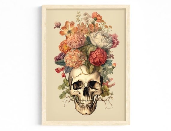 Elegant Vintage Skull Crowned with Roses Floral Boho Art Poster