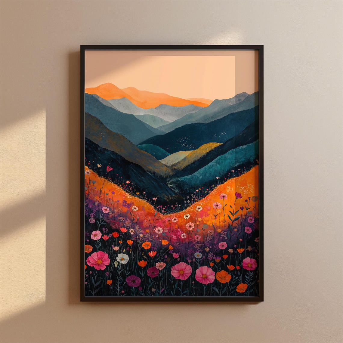 Layered Mountain Sunset With Wildflower Meadow Colorful Art Poster