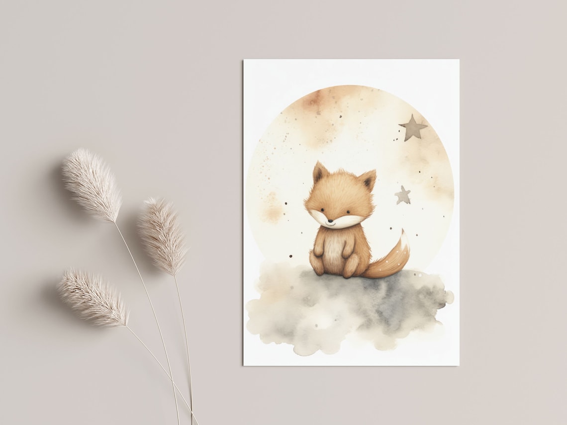 Cute Watercolor Fox Under Moon Stars Nursery Baby Room Scandi Animal Poster