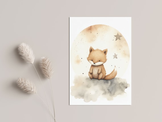 Cute Watercolor Fox Under Moon Stars Nursery Baby Room Scandi Animal Poster