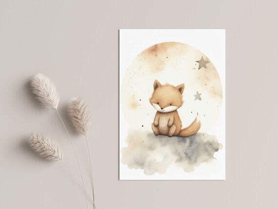 Nursery Fox Picture Scandinavian Baby Poster Cute Watercolor Animal Illustration Pastel Colors Wall Decoration Playroom Forest Animals