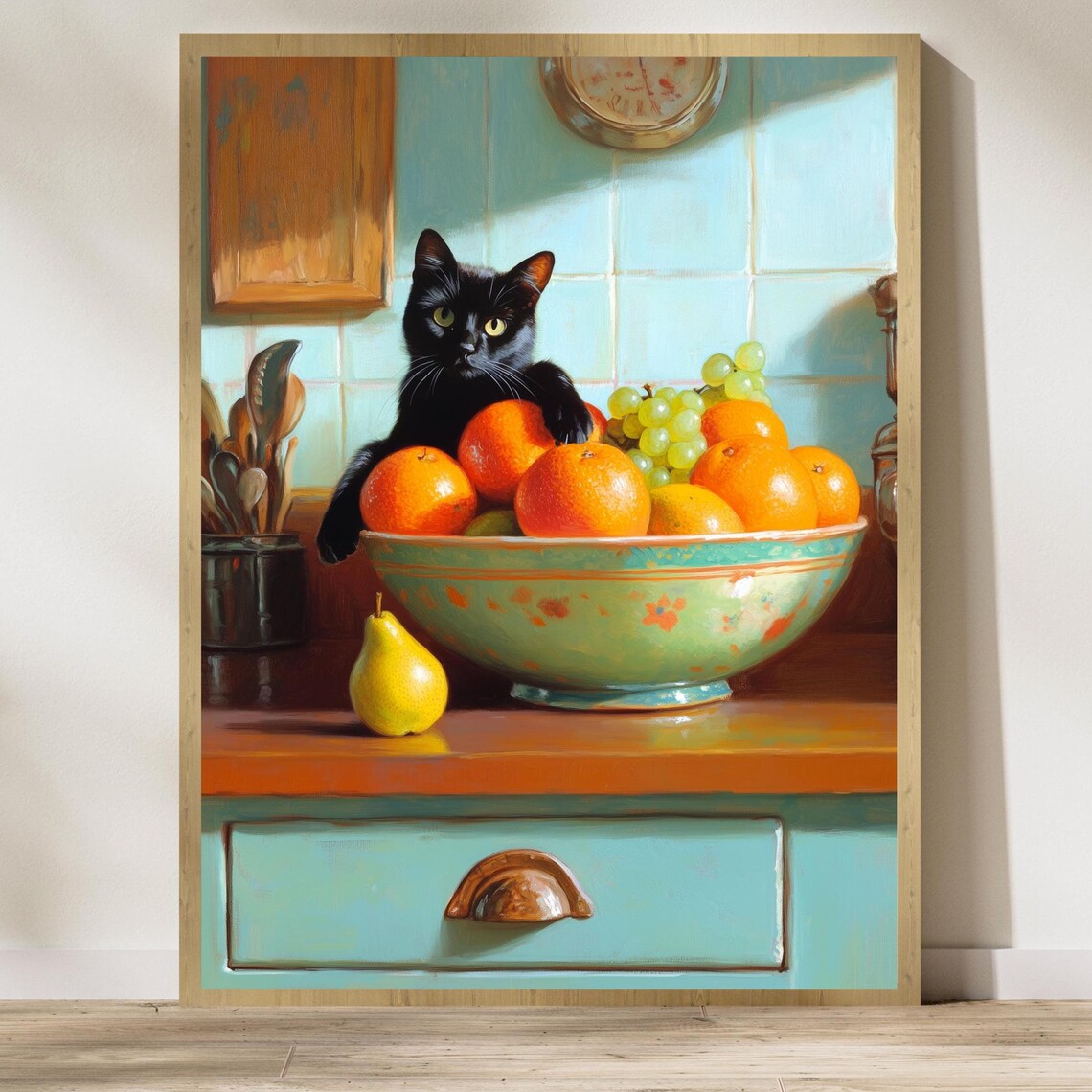 Charming Black Cat Guarding Fruit Bowl In Sunny Kitchen Poster