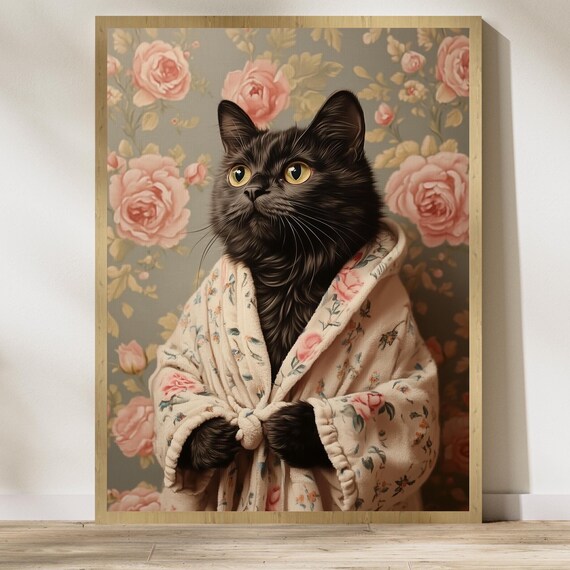 Black Cat In A Floral Bathrobe Vintage Rose Wallpaper Cute Pet Poster
