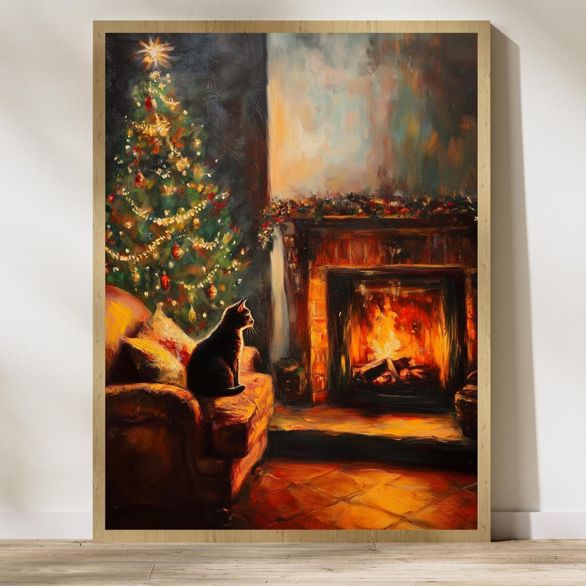 Black Cat By A Christmas Tree And Fireplace Moody Holiday Night Poster