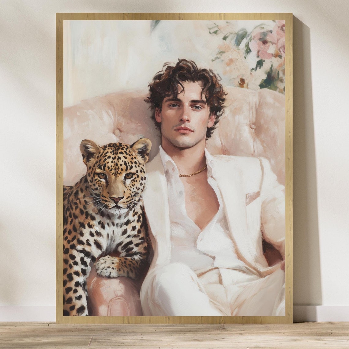 Handsome Man With Leopard Elegant Portrait Pink And Gold Style Poster