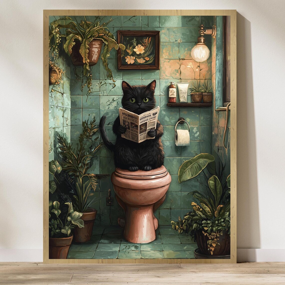 Vintage Black Cat Bathroom Wall Art, Funny Decor