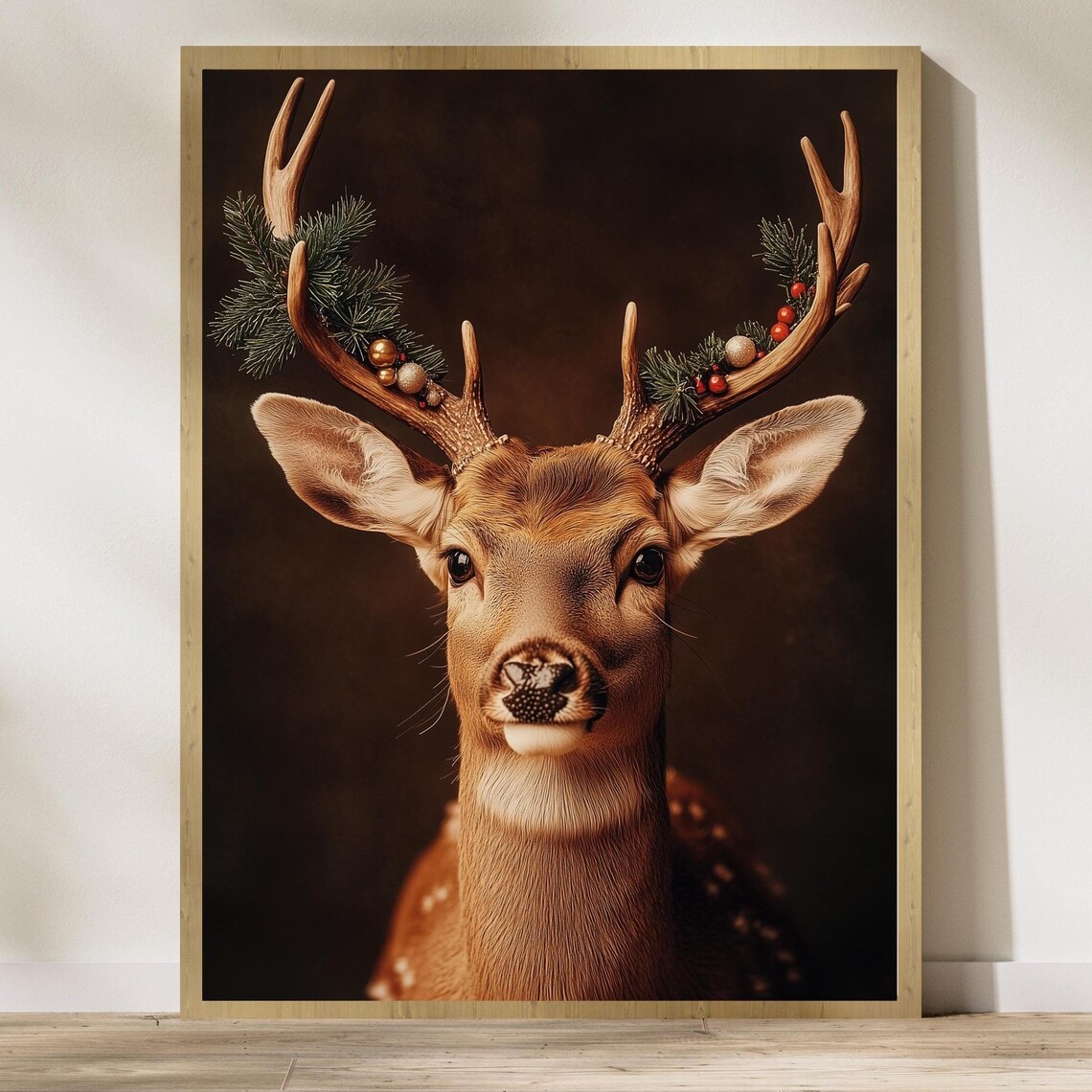Deer With Decorated Christmas Antlers Vintage Holiday Reindeer Poster