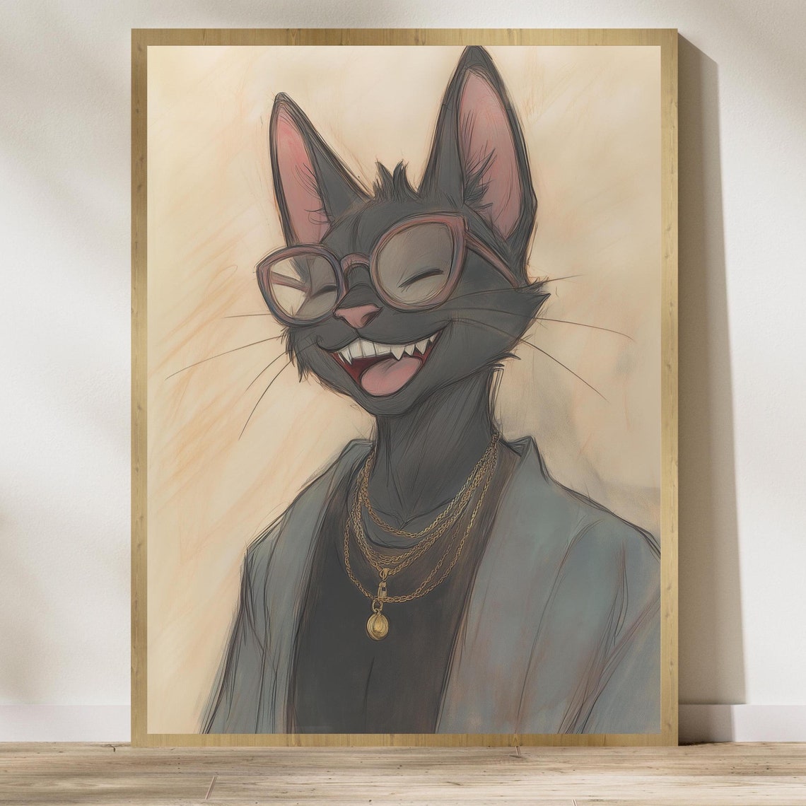 Cool Black Cat Sunglasses Poster Funny Cartoon Sketch Gold Chains Art