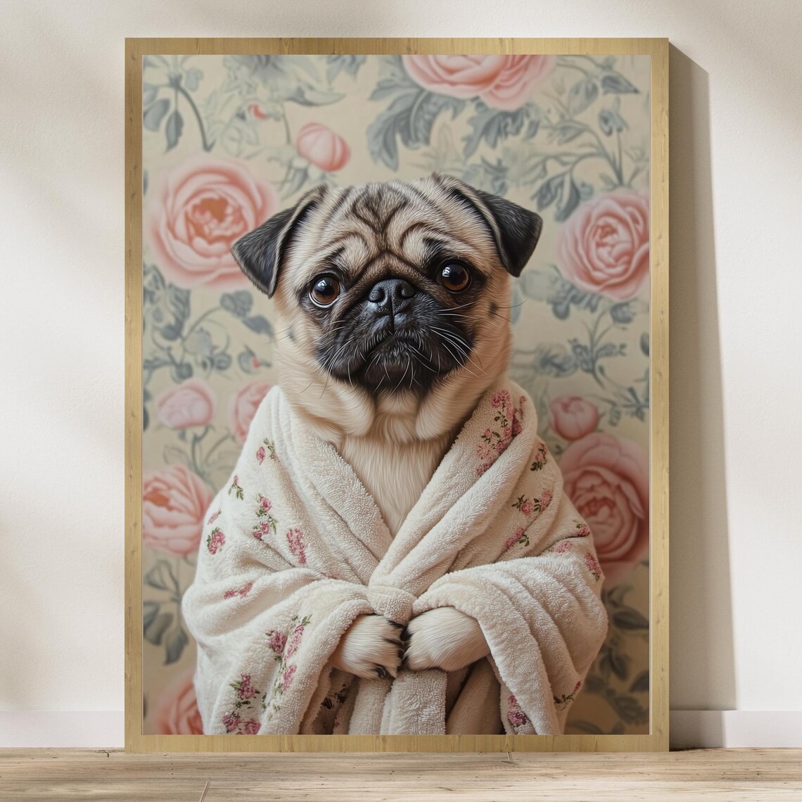 Pug Dog In A Floral Bathrobe Cute Vintage Rose Wallpaper Pet Poster