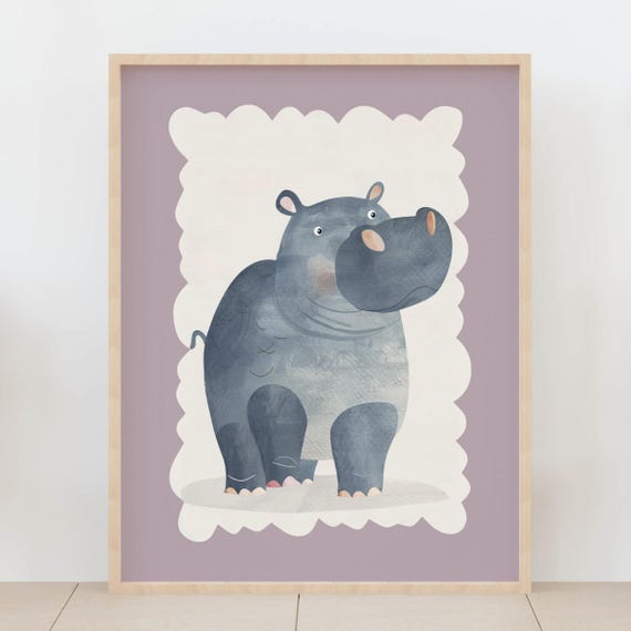 Hippo Nursery Wall Art Watercolor Safari Animal Poster Baby Room Jungle Theme Kids Decor Artwork