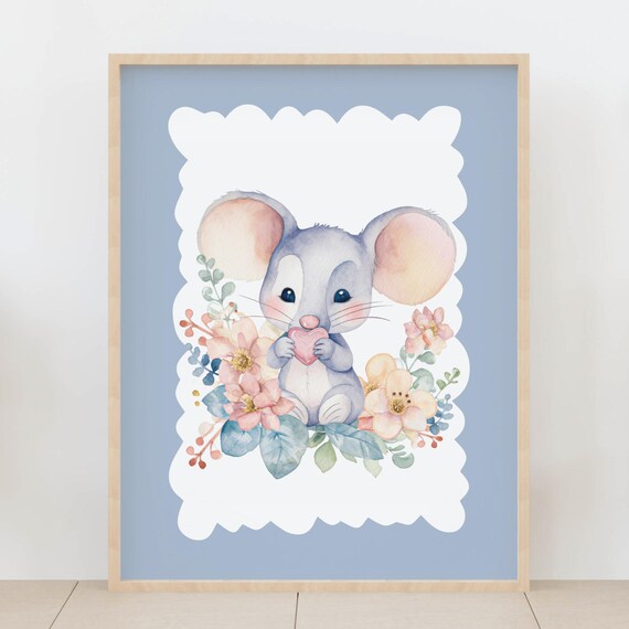 Sweet Baby Mouse Holding Pink Heart Watercolor Nursery Art Print