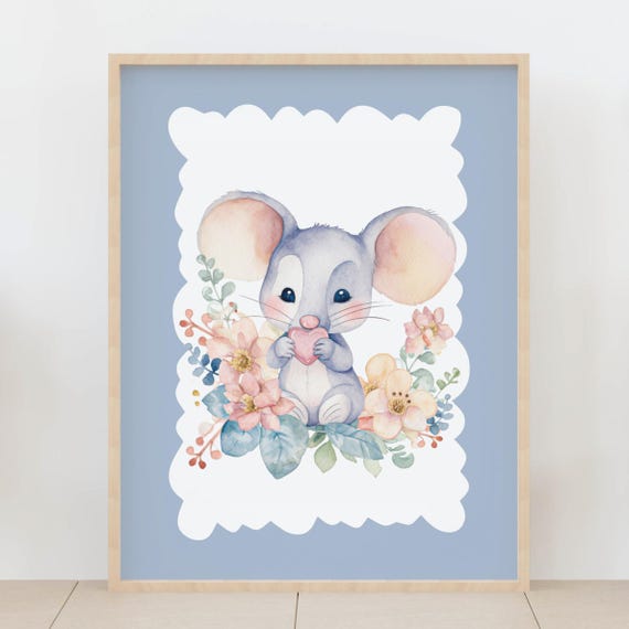 Sweet Baby Mouse Holding Pink Heart Watercolor Print Love And Kindness Nursery Art Floral Gift