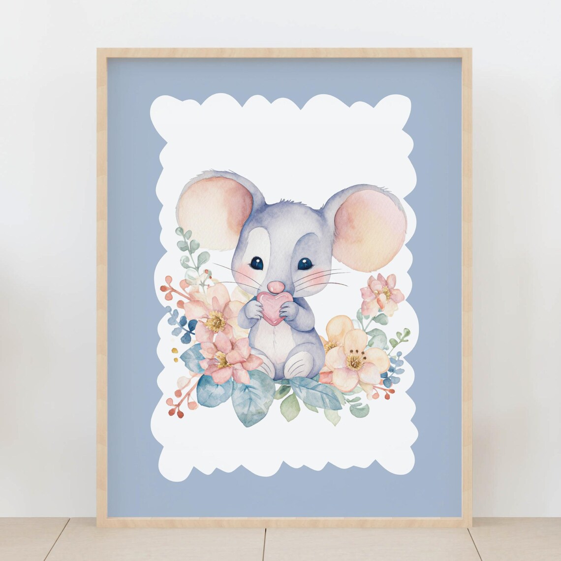 Sweet Baby Mouse Holding Pink Heart Watercolor Nursery Art Print