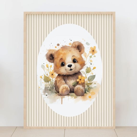 Neutral Brown Stripes Baby Room Decor Teddy Bear Nursery Wall Art Cute With Flowers Poster Gift