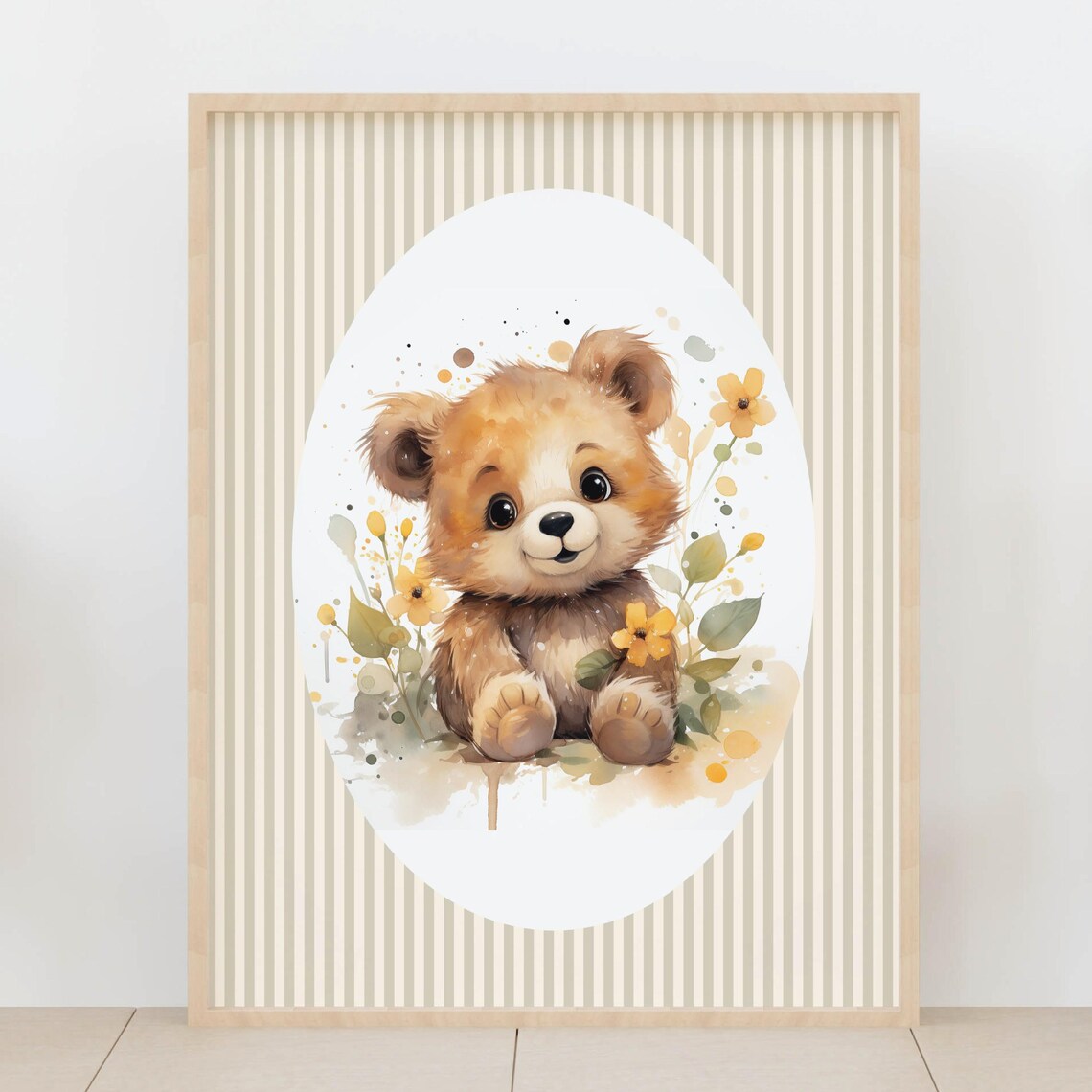Baby Bear With Yellow Flowers Watercolor Cute Nursery Animal Poster